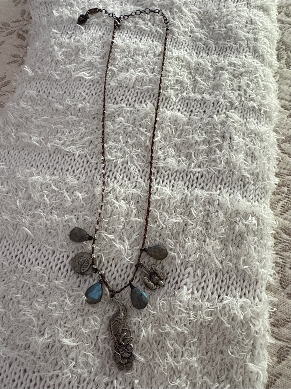 Love Heals Silver Leaf Necklace with Blue Teardrop Accents